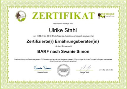 Zertifizierte Ernährungsberaterin mit dem Schwerpunkt BARF nach Swanie Simon